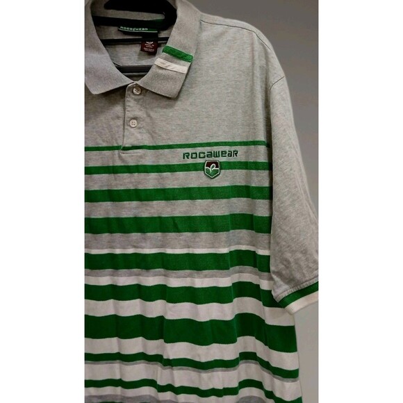 Vintage Y2K Rocawear 2XL Gray Green Stripe Polo Shirt Hip Hop Streetwear - Picture 2 of 8